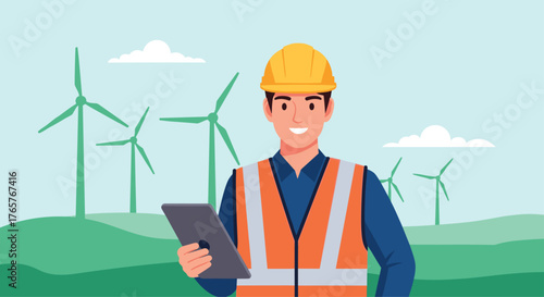 Smiling engineer with tablet monitoring wind turbines, promoting renewable energy and sustainable power for a greener future
