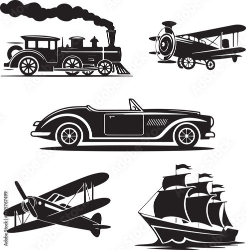 Black silhouette icons of vintage train biplane convertible car and sailing ship steam train locomotive