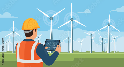 Engineer monitoring wind turbines with tablet, showcasing renewable energy and sustainable power generation in a vibrant landscape