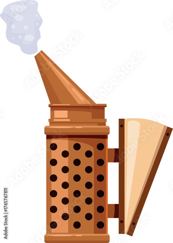 Bee smoker blowing smoke, essential tool for calming bees during hive inspections and honey harvesting
