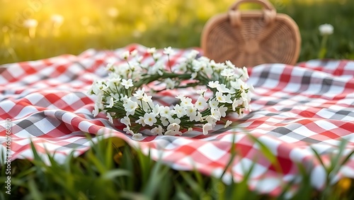 woodruff. Spring picnic scene with a woodruff flower wreath on a checkered blanket outdoors. lifestyle magazines, social media lookbooks, designed for influencer and brand collaborations.