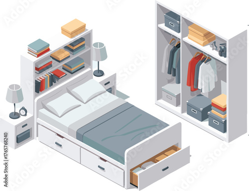 Isometric Modern Bedroom Interior with Bed, Storage, and Open Wardrobe VectorIsometric Modern Bedroom Interior with Bed, Storage, and Open Wardrobe Vector