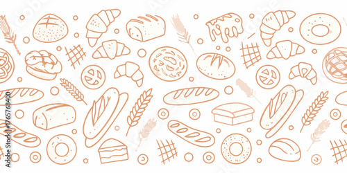 Seamless pattern of various baked goods and wheat ears in a simple line art style