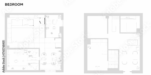 Minimalist architectural floor plan layout of a bedroom and adjoining living space with furniture