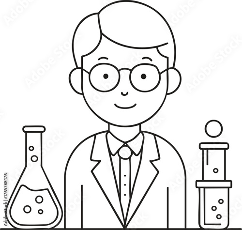 Curious scientist in lab coat with beakers illustration for creative discovery and innovation