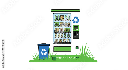 Eco-friendly vending machine with healthy snacks and recycling bin, promoting sustainability and conscious consumerism