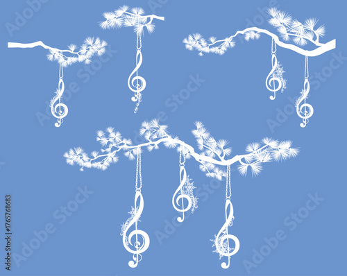 winter season holidays vector design elements set (editable details) - pine branches decorated with hanging treble clefs and snowflakes for musical event or festival decor