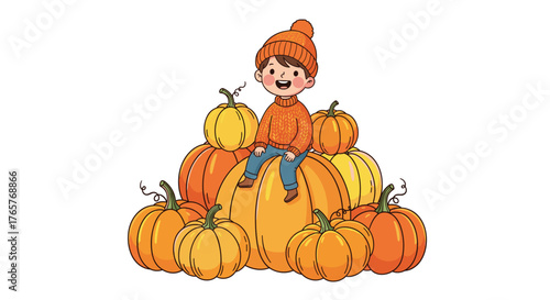 Joyful child sitting atop a bountiful harvest of pumpkins, perfect for autumn celebrations and fall festivities