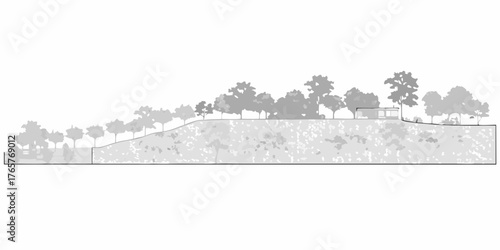 Architectural elevation drawing of a modern house nestled within a lush tree lined hillside landscape