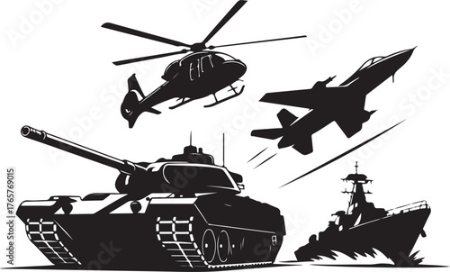 Black silhouette military vehicles helicopter jet fighter tank warship on white army combat