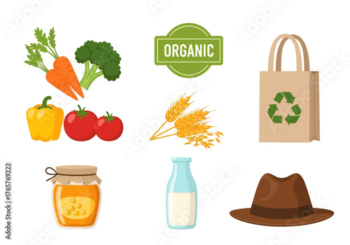 Icon Collection of Organic Farm Produce: Vegetables, Wheat, Honey, Milk, Farmer Hat, and Recycled Bag 