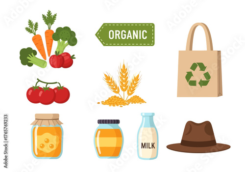 Icon Illustration of Farm Produce and Natural Food Ingredients: Vegetables, Cereal, Honey, Milk, and Organic Label 