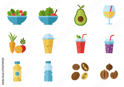 Collection of Healthy Food and Drink Icons such as Salad, Avocado, Juices, and Nuts
