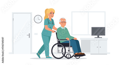 Caring nurse assisting elderly man in wheelchair, providing support and compassion in a medical facility environment