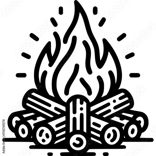 Campfire Silhouette: An outline of a crackling campfire, with flickering flames dancing above a pile of seasoned logs, symbolizing warmth, adventure, and the spirit of gathering.