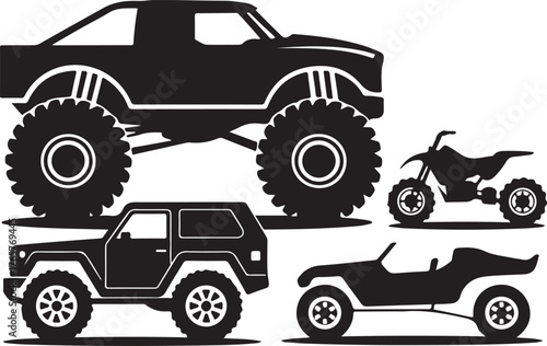 Black silhouette illustrations of monster truck S U V A T V and dune buggy off road vehicle