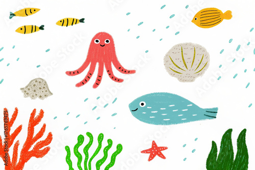 Cute Hand Drawn Crayon Under the Sea Illustration with Octopus, Fish, and Marine Life for Kids Design 