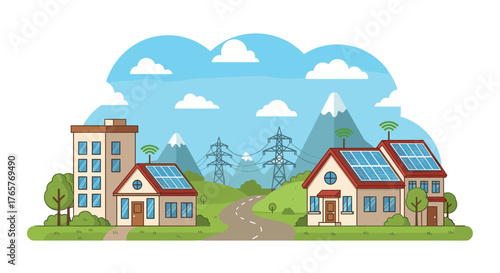 Sustainable living concept with solar panels on homes, smart technology, and eco-friendly energy for a green future