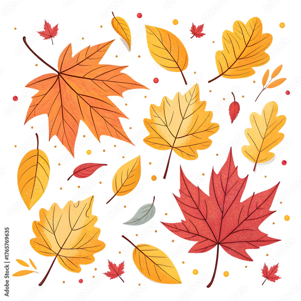 Fototapeta premium Seasonal Fall Leaves Design Elements - Vibrant Autumn Foliage Arrangement on transparent background