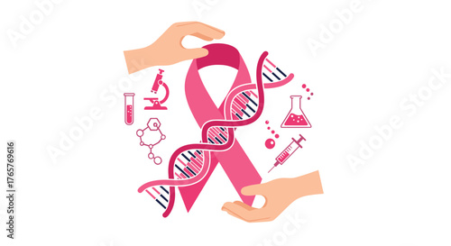 Breast cancer awareness graphic featuring a pink ribbon, DNA strands, and research tools, perfect for campaigns and events