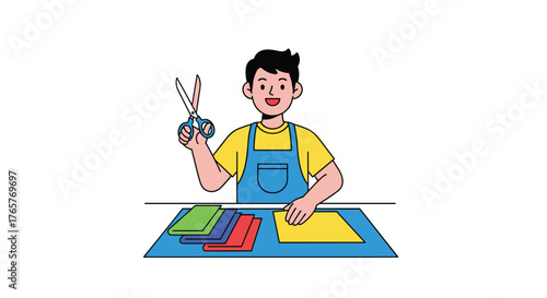 Creative young artist crafting vibrant paper projects with scissors at a bright blue desk, perfect for DIY tutorials and children's craft ideas
