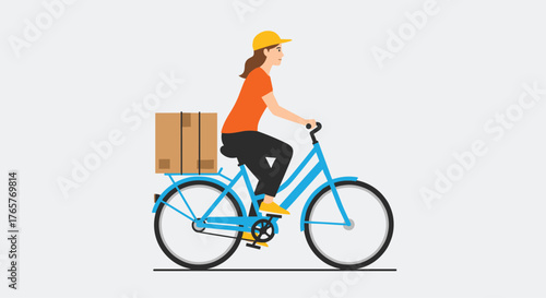 Speedy delivery woman on bicycle bringing package, showing modern efficient shipping solution, perfect for e-commerce, logistics, and eco-friendly transport