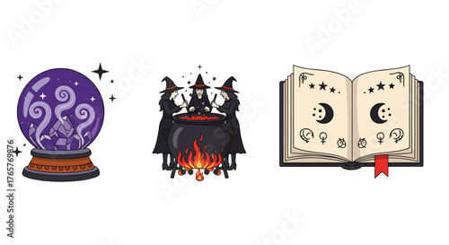 Enchanting Halloween illustrations featuring witches brewing potions, a crystal ball, and an ancient spell book, perfect for spooky season designs