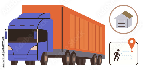 Cargo truck for transportation, destination pinpointing, and warehouse storage concept. Ideal for logistics, transport, delivery, supply chain, e-commerce, shipping distribution simple flat