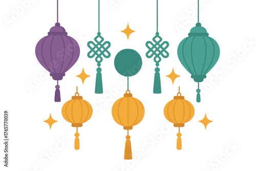 Vibrant traditional Asian hanging lanterns and decorative endless knots for holiday celebration