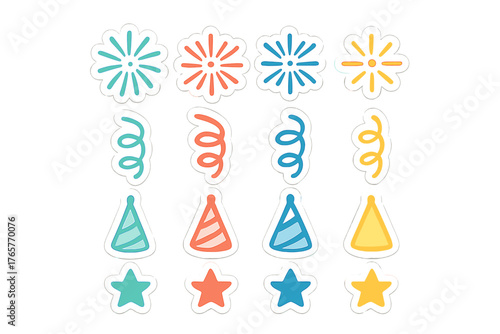 Colorful collection of celebration stickers featuring fireworks streamers party hats and stars