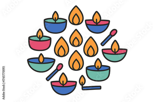 Vibrant arrangement of traditional Indian oil lamps and matchsticks for Diwali festival