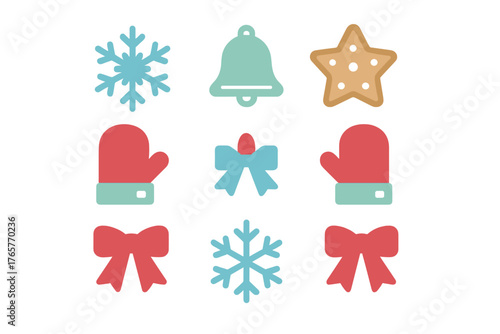 Festive winter holiday symbols set featuring snowflakes mittens bows and a gingerbread star