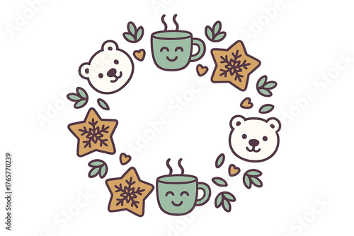Cute winter holiday wreath frame featuring polar bear faces, gingerbread cookies, and smiling hot cocoa mugs