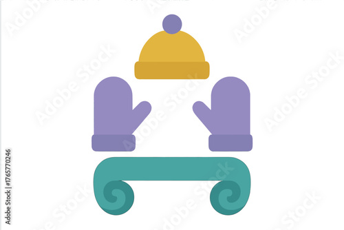 Yellow knit hat, purple mittens, and teal rolled scarf winter clothing set