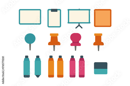 Colorful set of office and school supplies including presentation board, markers, and pushpins