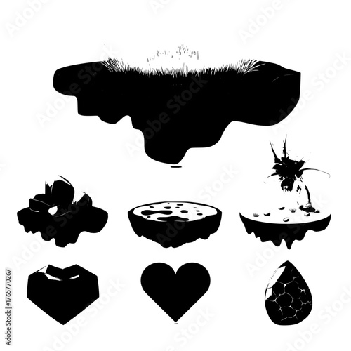 A set of game UI elements is accompanied by a floating ground platform featuring diverse environments, including green grass, sandy cracked desert, volcanic lava surface, rocks, gems, hearts, and