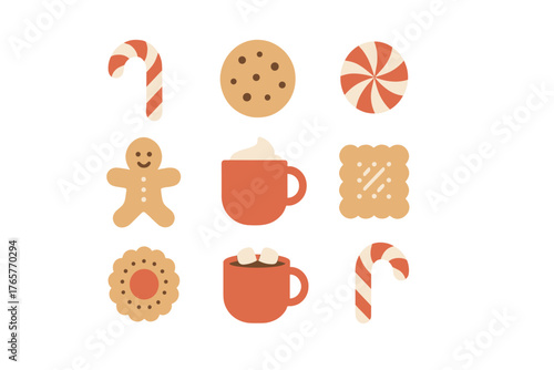 Festive winter holiday sweets and treats icons set including gingerbread man and hot cocoa mugs