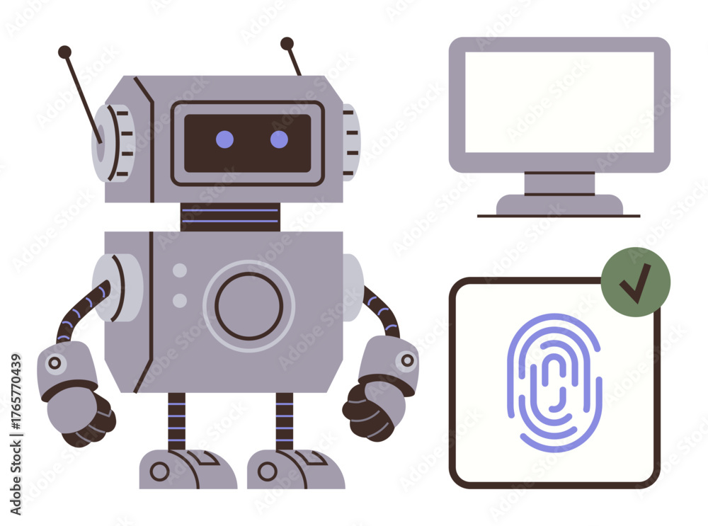 Fototapeta premium Retro-inspired robot, fingerprint scanned with verification checkmark, and monitor. Ideal for AI, robotics, security, technology, automation innovation and data protection. Simple flat metaphor