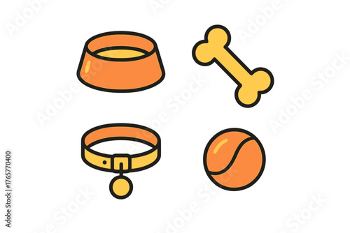Essential pet supplies set including food bowl bone collar and toy ball