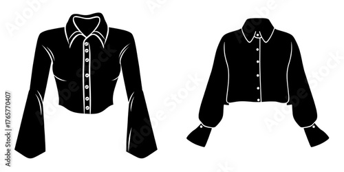 Technical drawing of a woman's fashion design featuring a cropped jacket with a long sleeve, flared cuff, and buttoned front