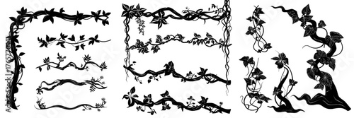 A modern cartoon illustration featuring a set of twisted jungle plant vines with foliage, including liana branch frames with green leaves and flowers, all isolated on a black background for use in ui