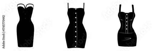 Technical drawing of a mini short dress featuring a strapless and sleeveless design with buttons, neckline detail, and a low-cut neckline for a fashion woman