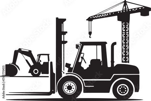Black silhouette set of industrial construction vehicles and crane machinery forklift