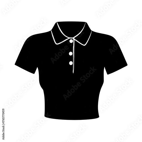 Fashion woman design style model is depicted through a technical drawing flat sketch cad mockup of a short sleeve crop polo blouse with a buttoned polo neck