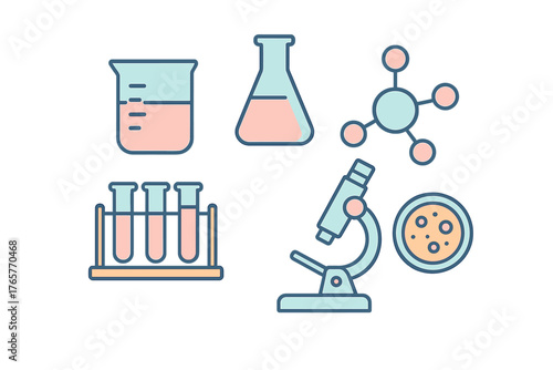 Essential chemistry and biology laboratory equipment symbols and research tools set