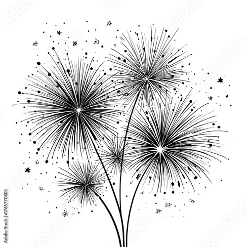 A modern illustration featuring decorative colorful bursting fireworks isolated showcases festive sparks and explosions in a minimal style, symbolizing New Year's Eve