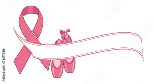 Pink ribbon and ballet shoes, symbolizing breast cancer awareness, perfect for health campaigns and support initiatives, a hopeful design