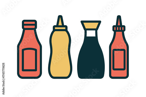 Collection of essential flavorings including ketchup mustard and soy sauce bottles for dining