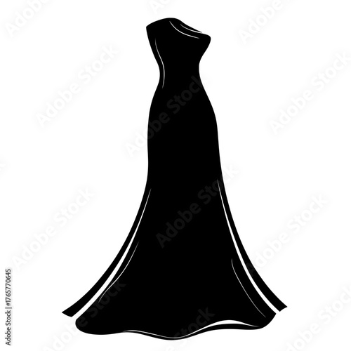 A fashion woman's long maxi dress template is shown in a technical drawing as a strapless sleeveless flared A-line cad mockup flat sketch