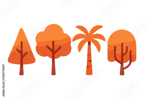 Four stylized autumn trees including deciduous, coniferous, and palm shapes